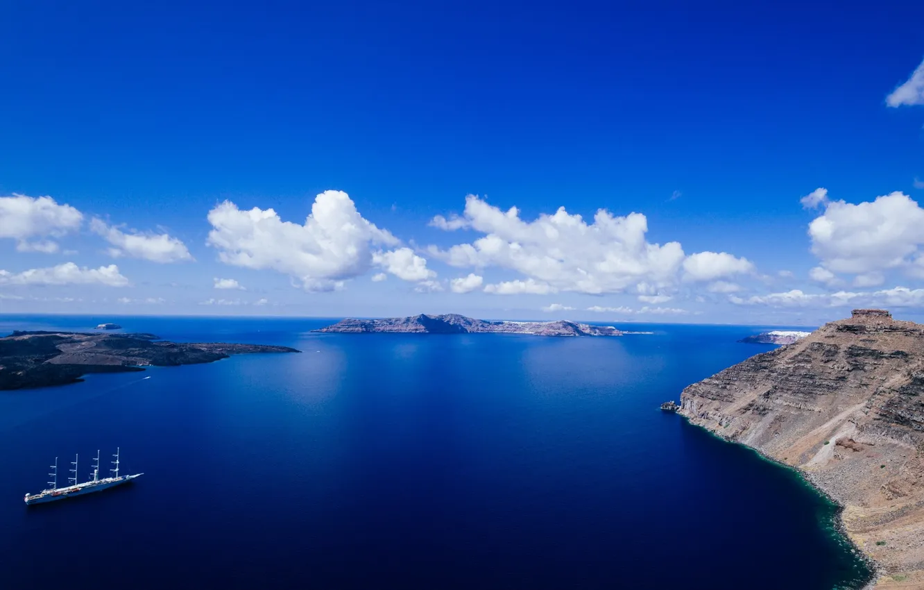 Photo wallpaper sea, the sky, clouds, rocks, ship, island