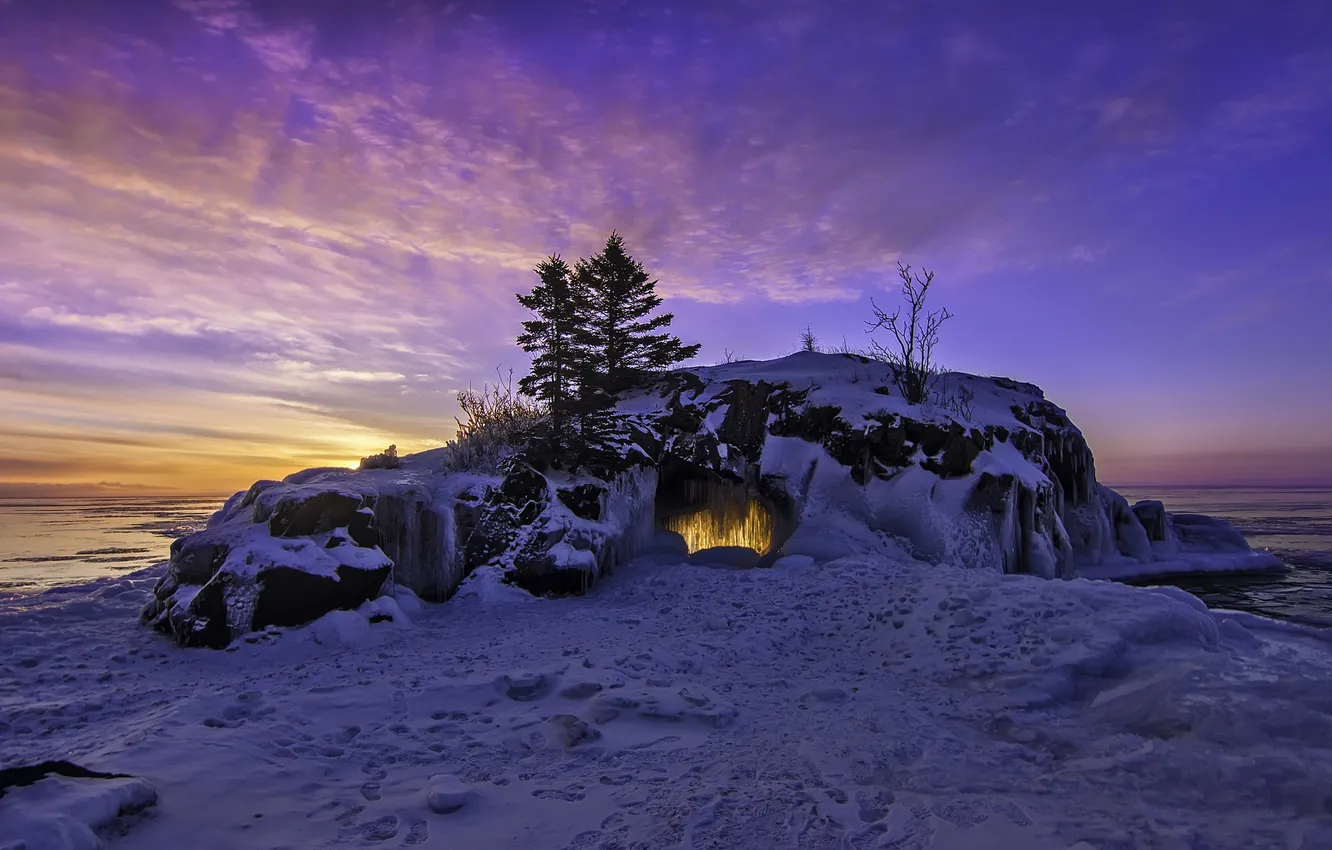 Photo wallpaper snow, sunset, rock, USA, minnesota, north shore