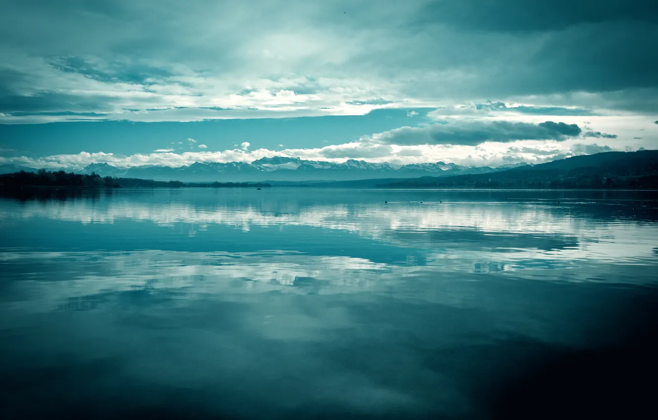 Photo wallpaper the sky, mountains, lake, calm