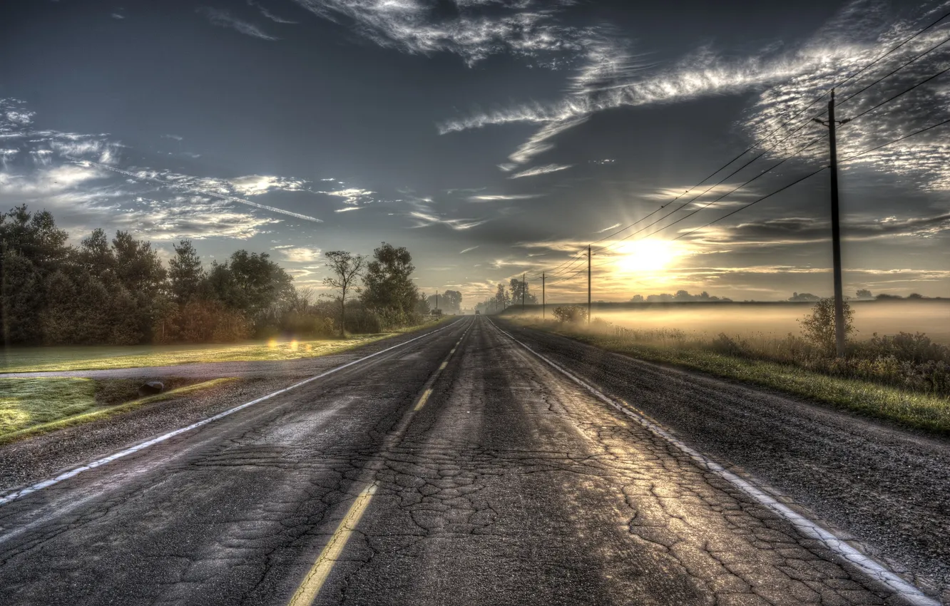 Photo wallpaper road, fog, morning