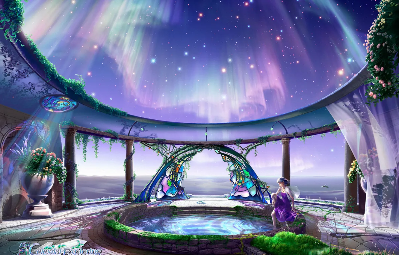 Photo wallpaper girl, space, stars, flowers, beauty, Northern lights, well, temple