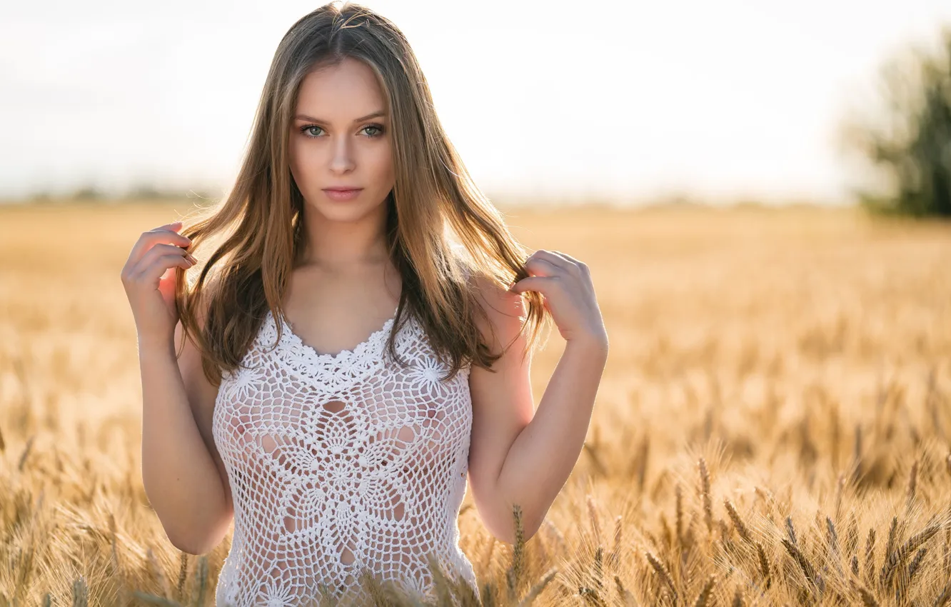Photo wallpaper field, nature, beautiful, long hair, long hair, eyes, pretty, lips