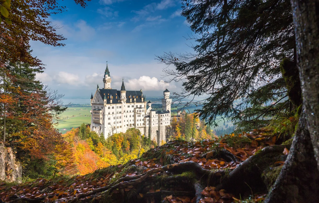 Photo wallpaper autumn, the sky, the sun, clouds, trees, castle, Germany, valley