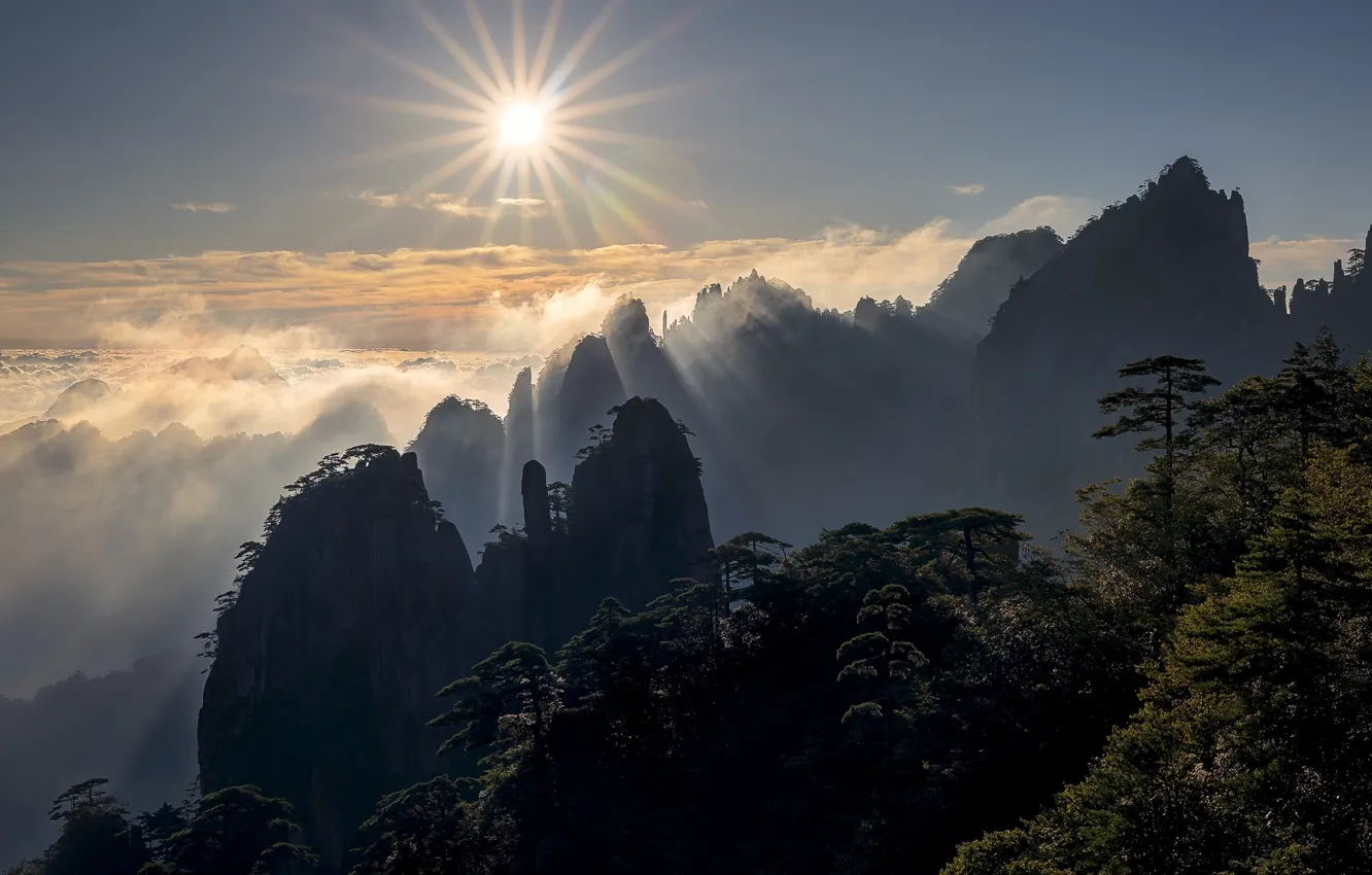 Photo wallpaper the sun, clouds, trees, mountains, sunrise, dawn, China, morning