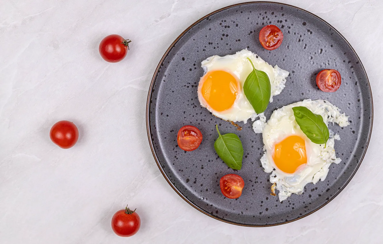 Photo wallpaper tomatoes, Basil, eggs, scrambled eggs, serving