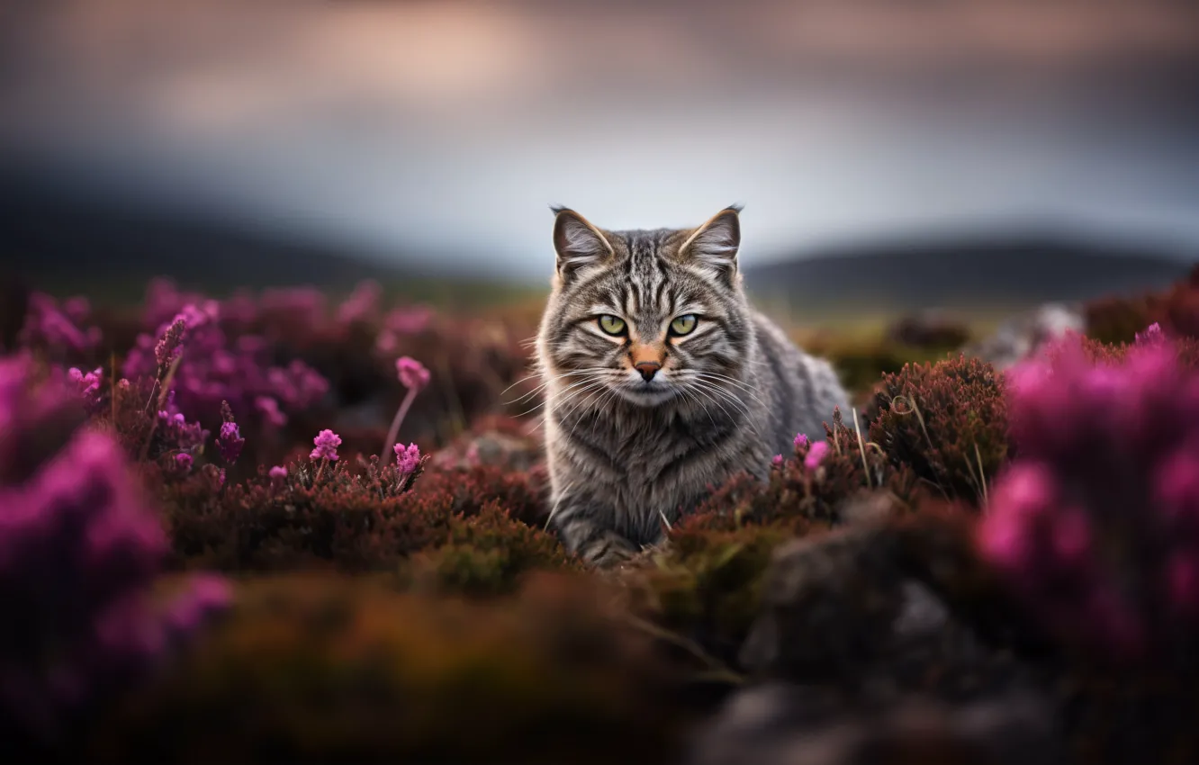 Photo wallpaper cat, cat, look, flowers, hills, glade, bokeh, wild cat