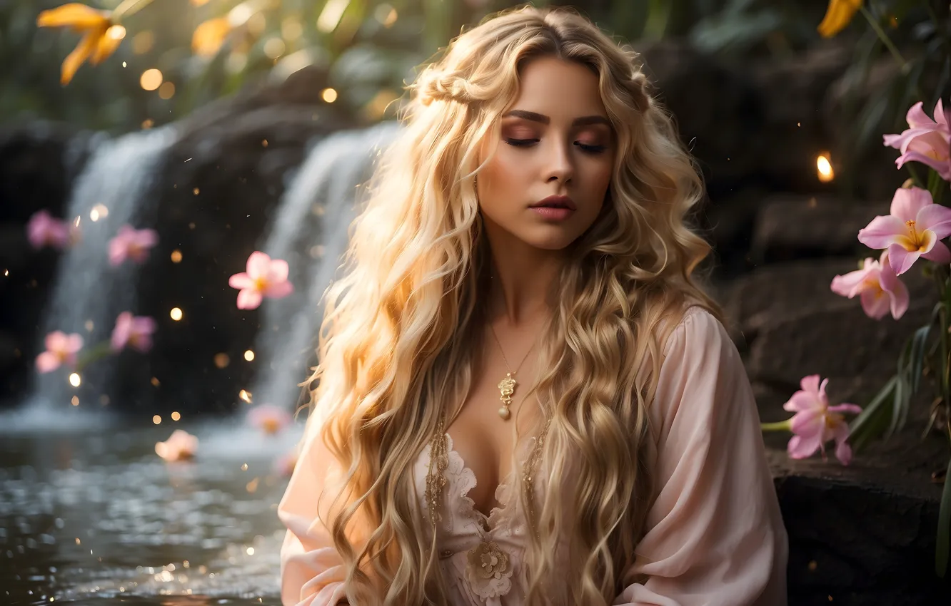 Photo wallpaper flowers, nature, blonde, waterfall, AI art, eyelashes, closed eyes, curls