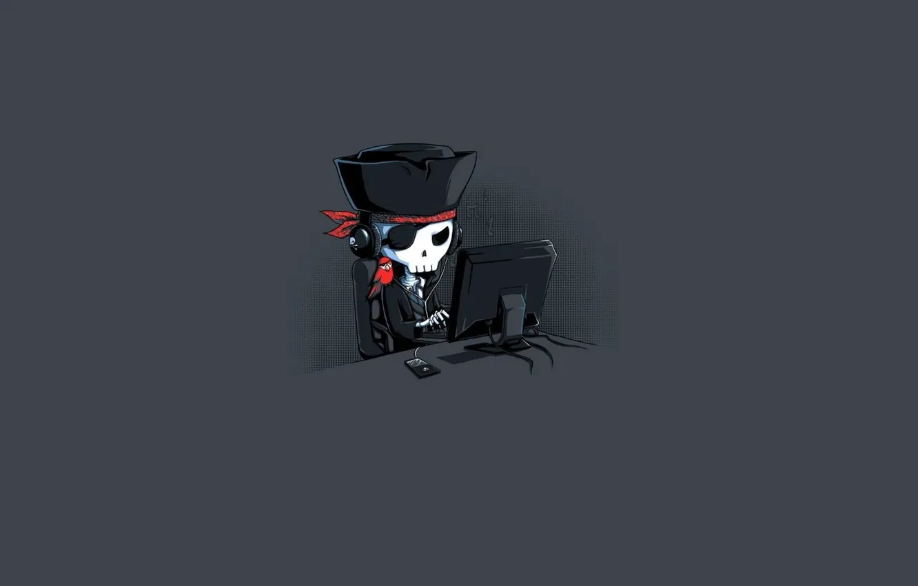 Photo wallpaper computer, minimalism, pirate, parrot, grey background, pirate, minimalism, parrot