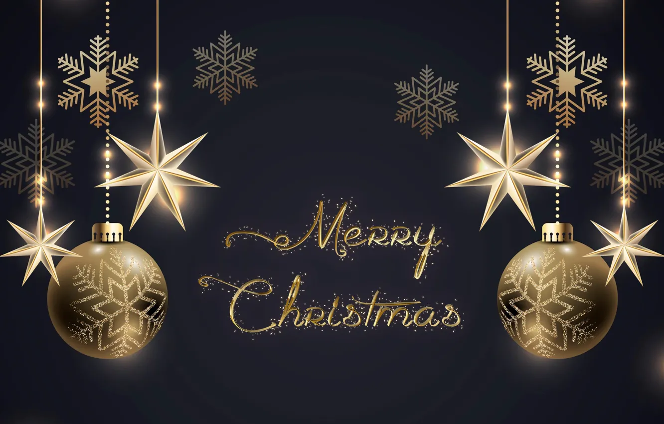 Photo wallpaper snowflakes, gold, balls, new year, Christmas, figures, golden, Christmas