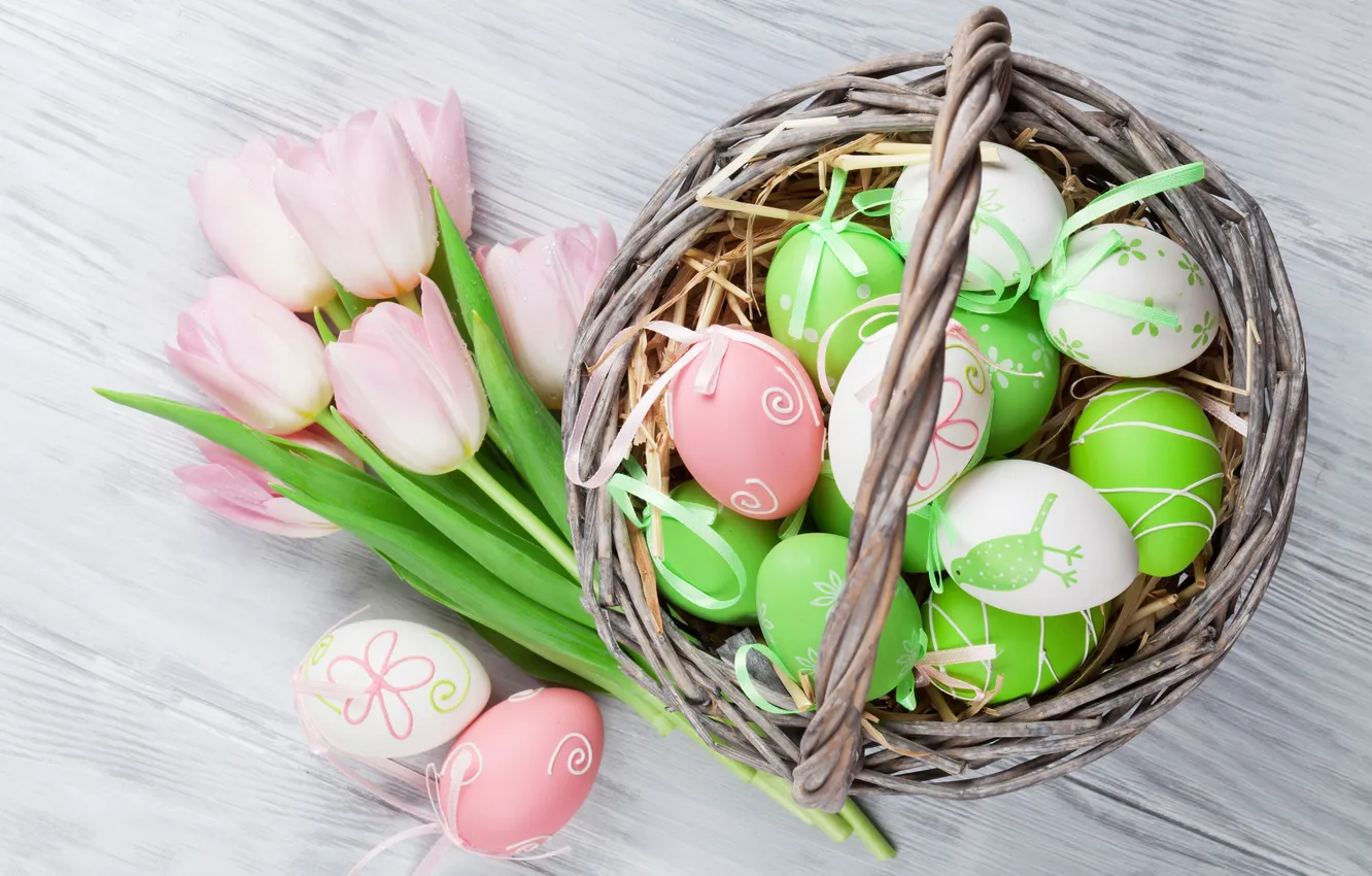 Photo wallpaper flowers, eggs, bouquet, spring, colorful, Easter, tulips, pink