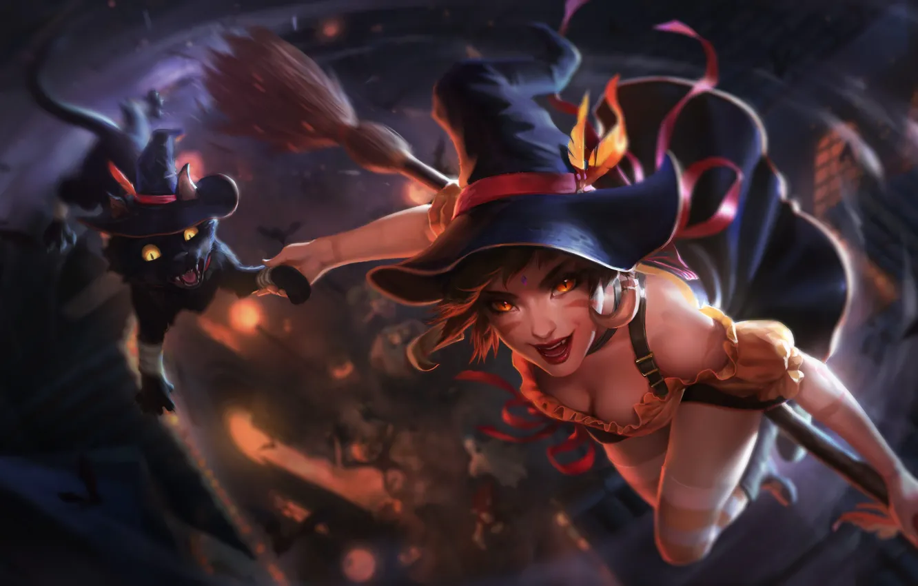 Photo wallpaper Halloween, girl, fantasy, cleavage, flying, hat, cat, holiday