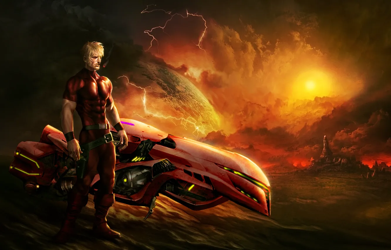 Photo wallpaper sunset, the city, fiction, art, male, hovercraft bike