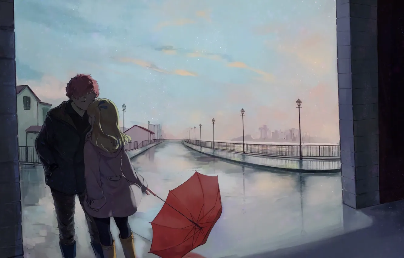 Photo wallpaper street, romance, umbrella, art, pair, a couple