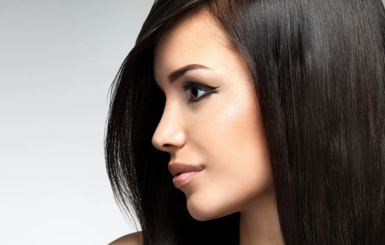 Photo wallpaper look, girl, eyelashes, background, lips, profile, brown eyes