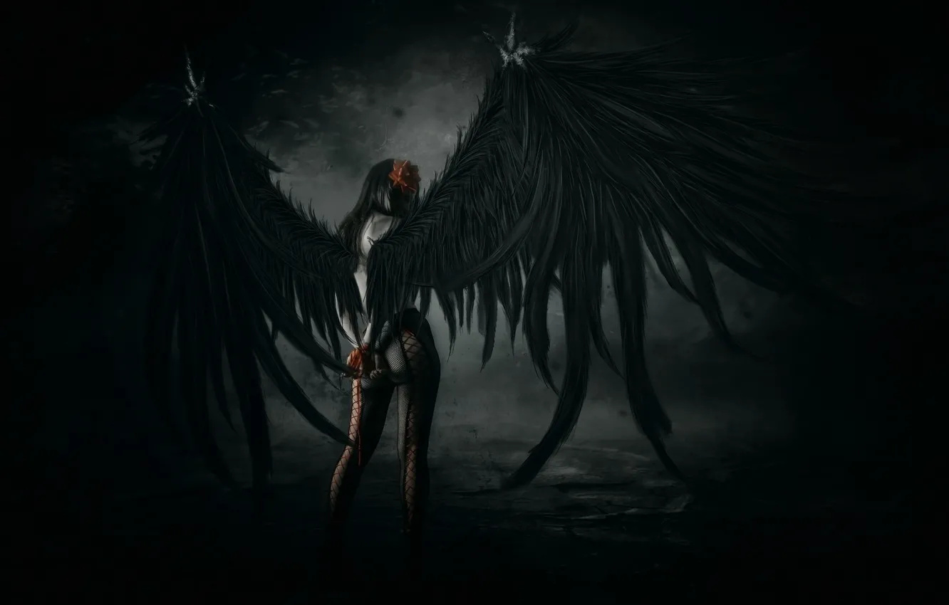 Photo wallpaper girl, fiction, darkness, wings, angel, fantasy, magic, angel