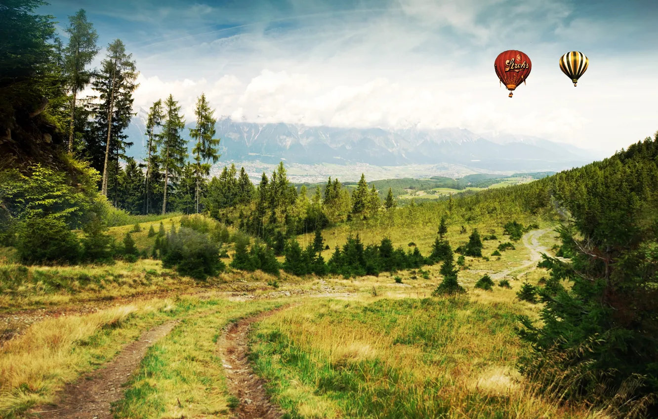 Photo wallpaper road, forest, mountains, balloons