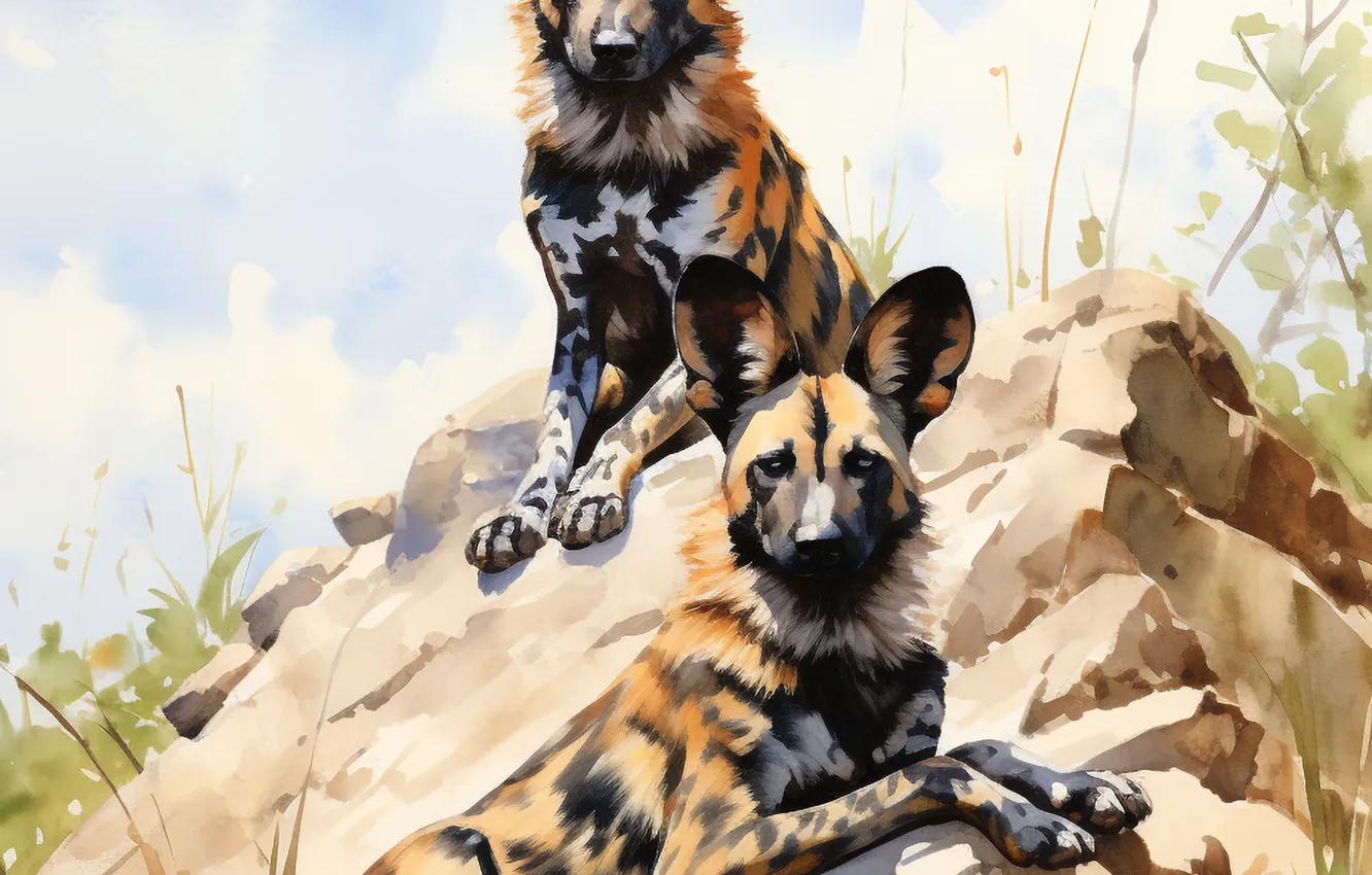 Photo wallpaper stones, predator, art, two, digital art, imitation painting, AI art, The Art of Artificial Intelligence