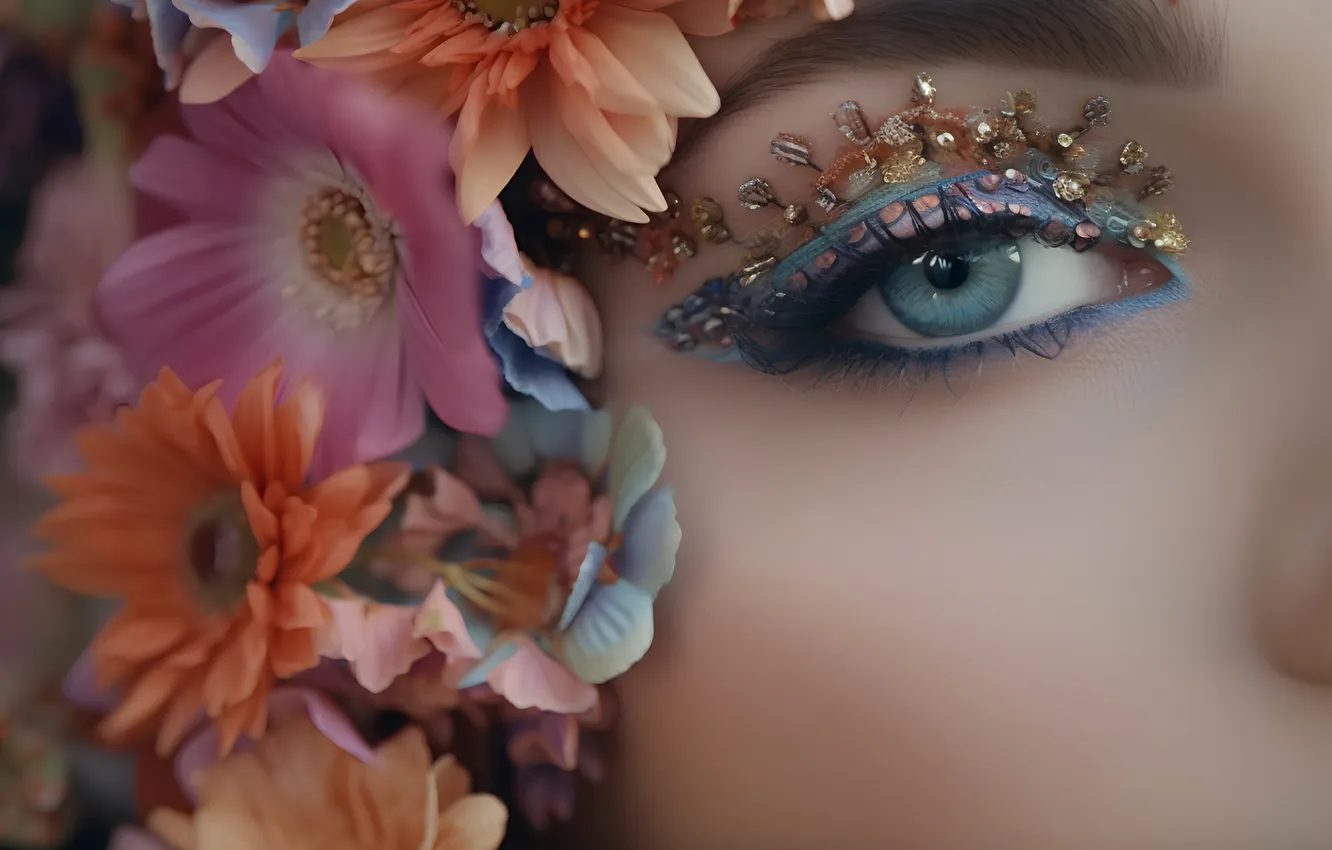 Photo wallpaper eyes, flowers, makeup