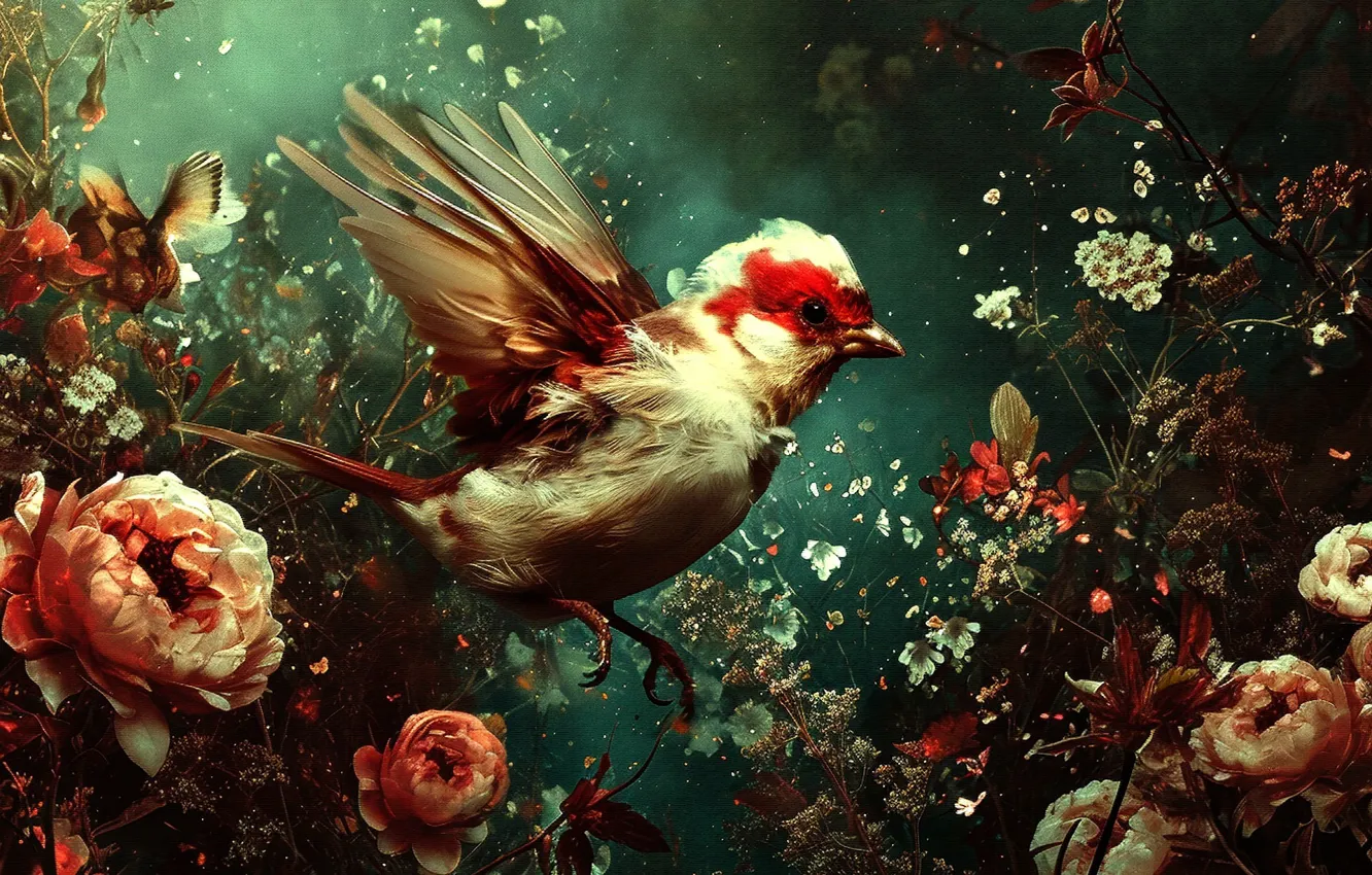 Photo wallpaper look, flowers, nature, pose, bird, wings, garden, bird