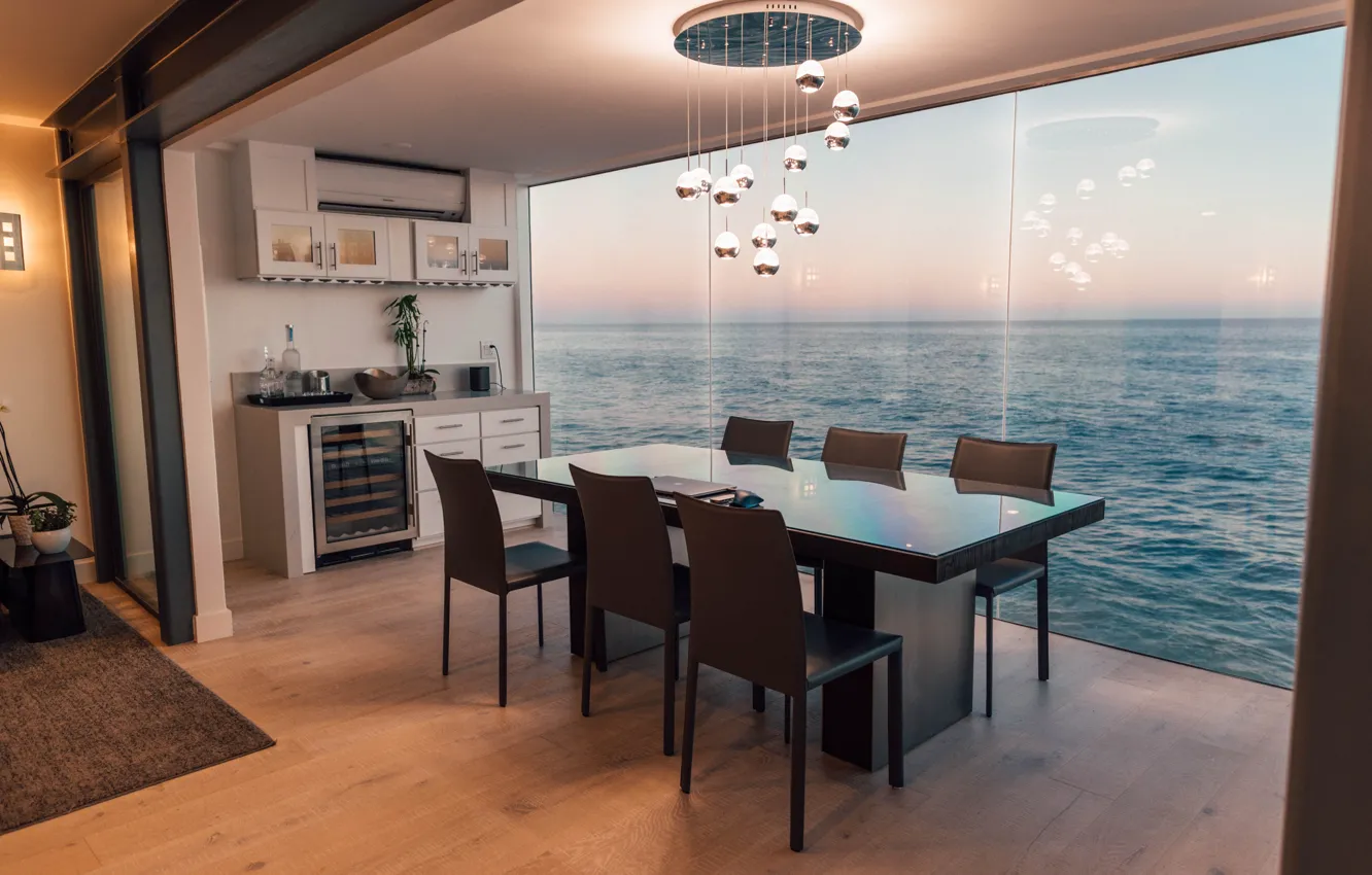 Photo wallpaper sea, water, table, interior, window, chandelier, the ocean, panoramic window