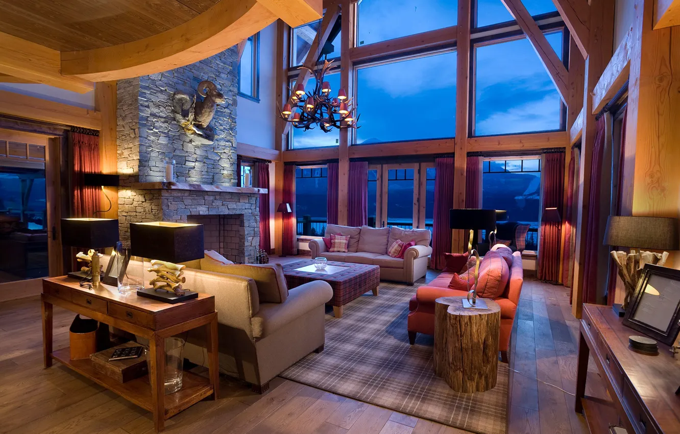 Photo wallpaper Villa, interior, fireplace, living room, Bighorn Lodge