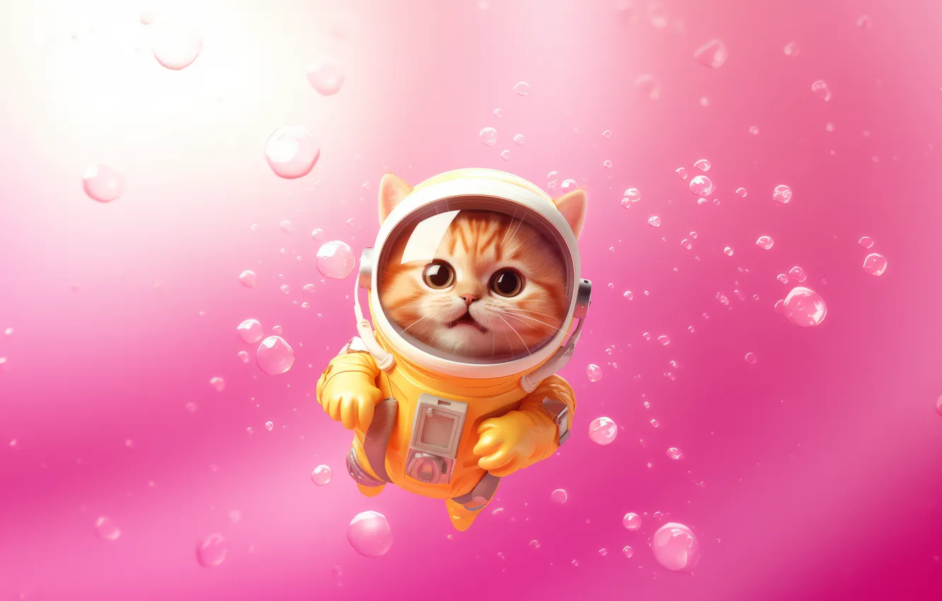 Photo wallpaper cat, cat, look, glass, space, flight, pose, bubbles