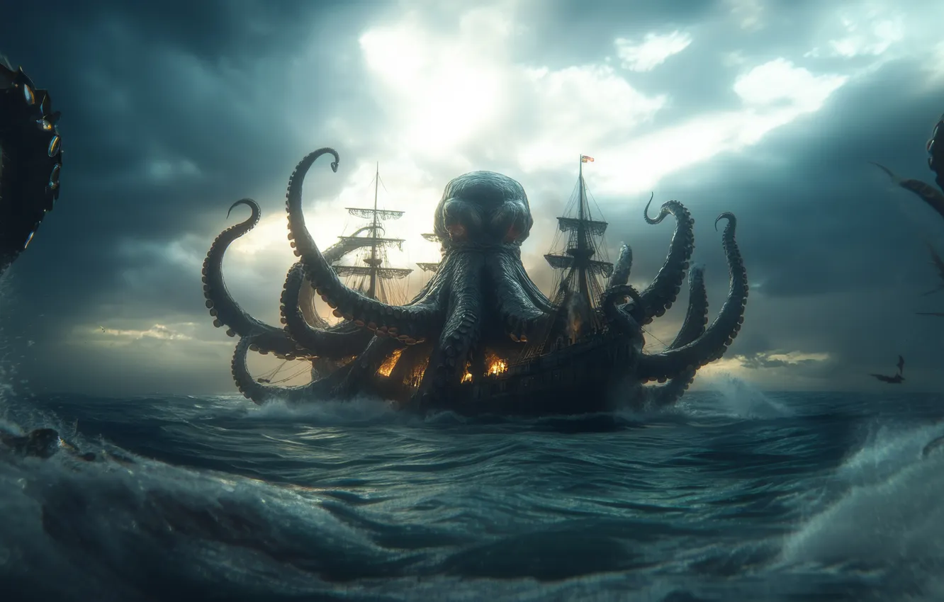 Photo wallpaper Sea, Wave, Ship, Clouds, Sailboat, The tentacles, Attack, Digital art