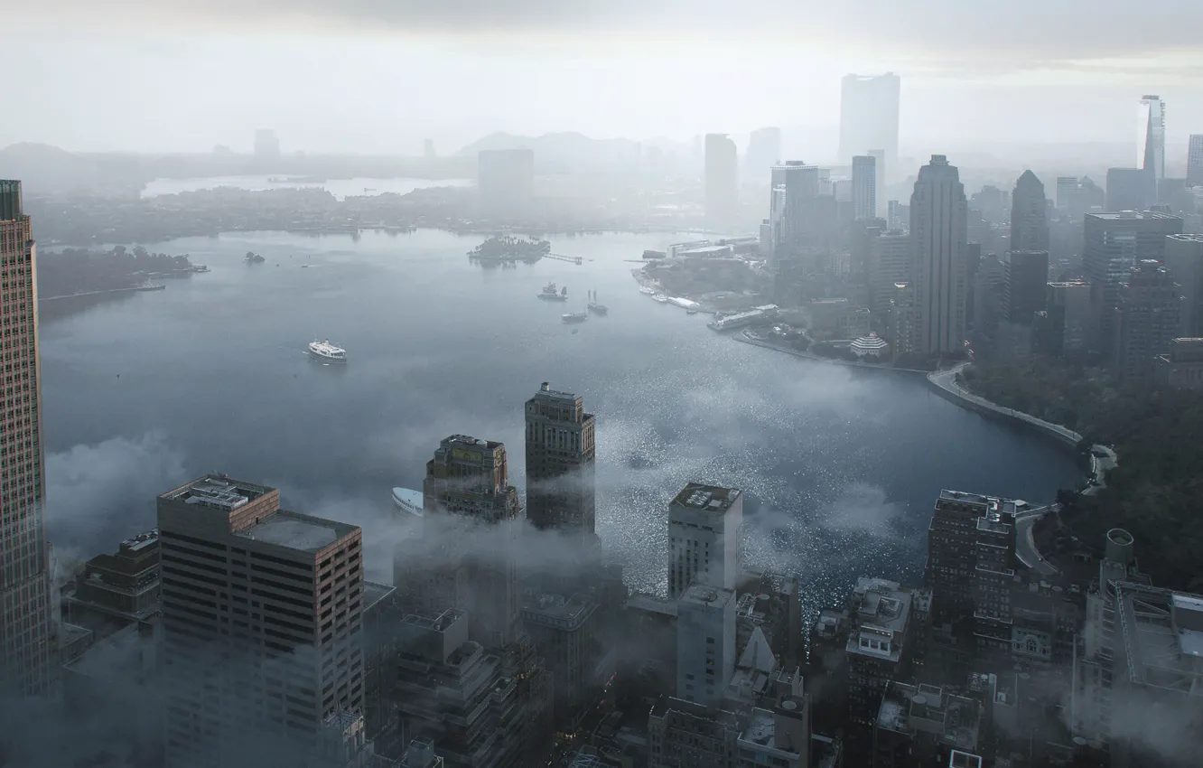 Photo wallpaper the city, boat, building, Bay, landscapes