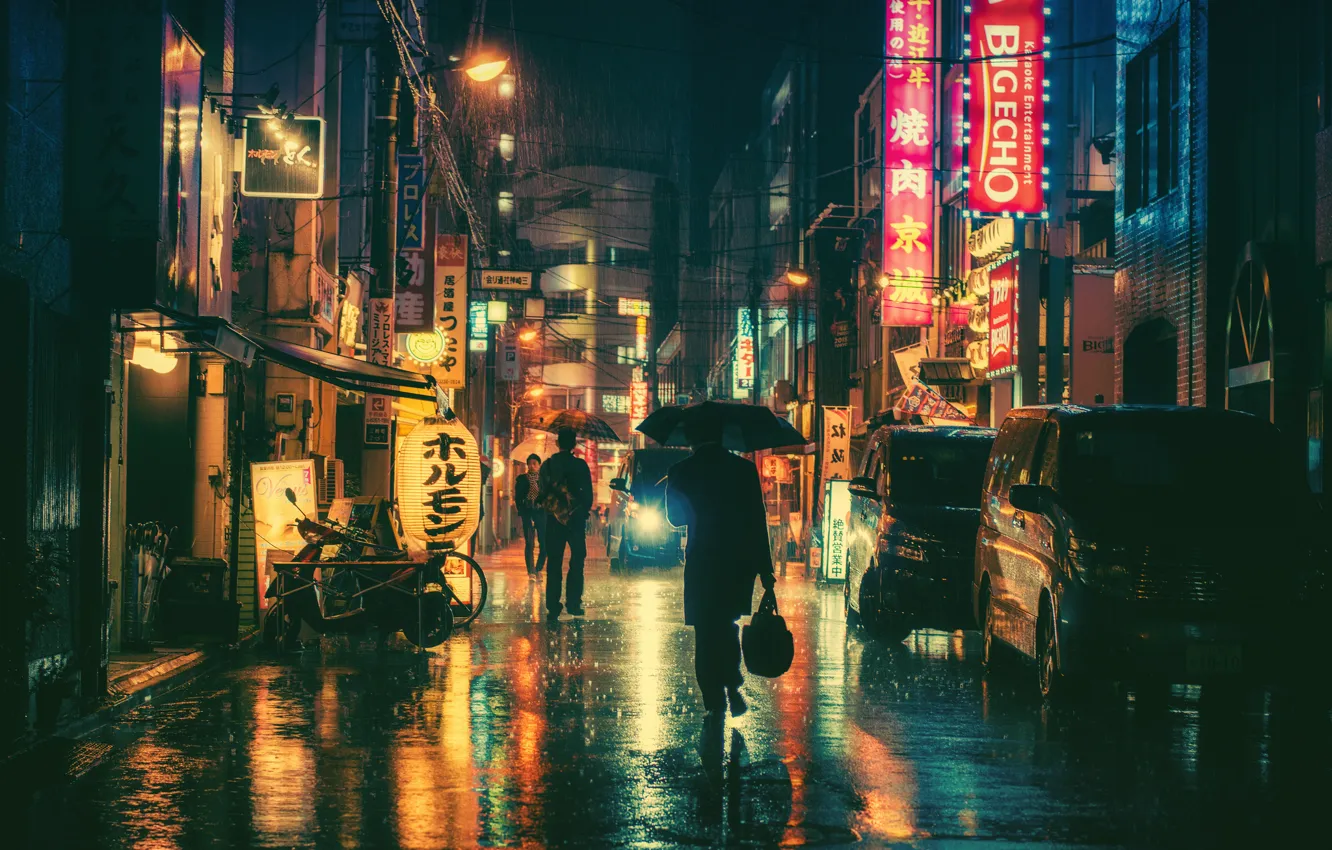 Photo wallpaper people, rain, street, neon, umbrellas, cars, stores, city center