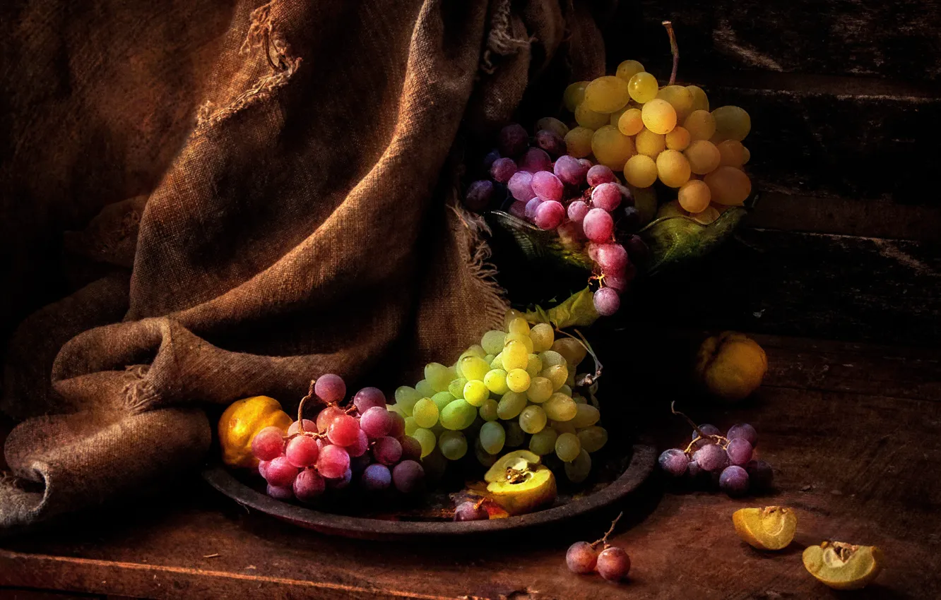 Photo wallpaper table, Board, grapes, fabric, vase, still life, burlap, tray