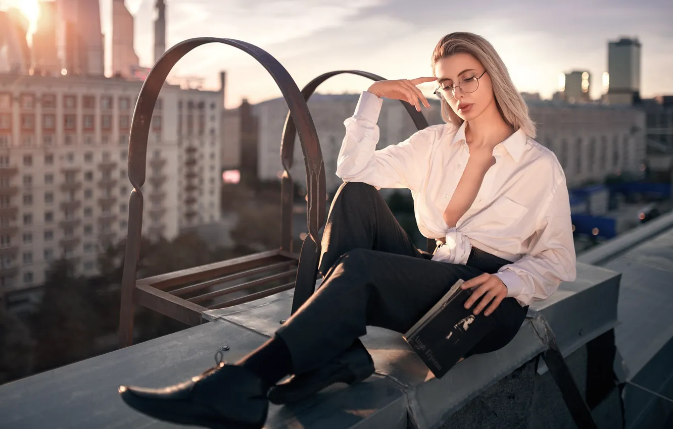 Photo wallpaper girl, pose, glasses, on the roof, Angelina Arajs, Oleg Demyanchenko