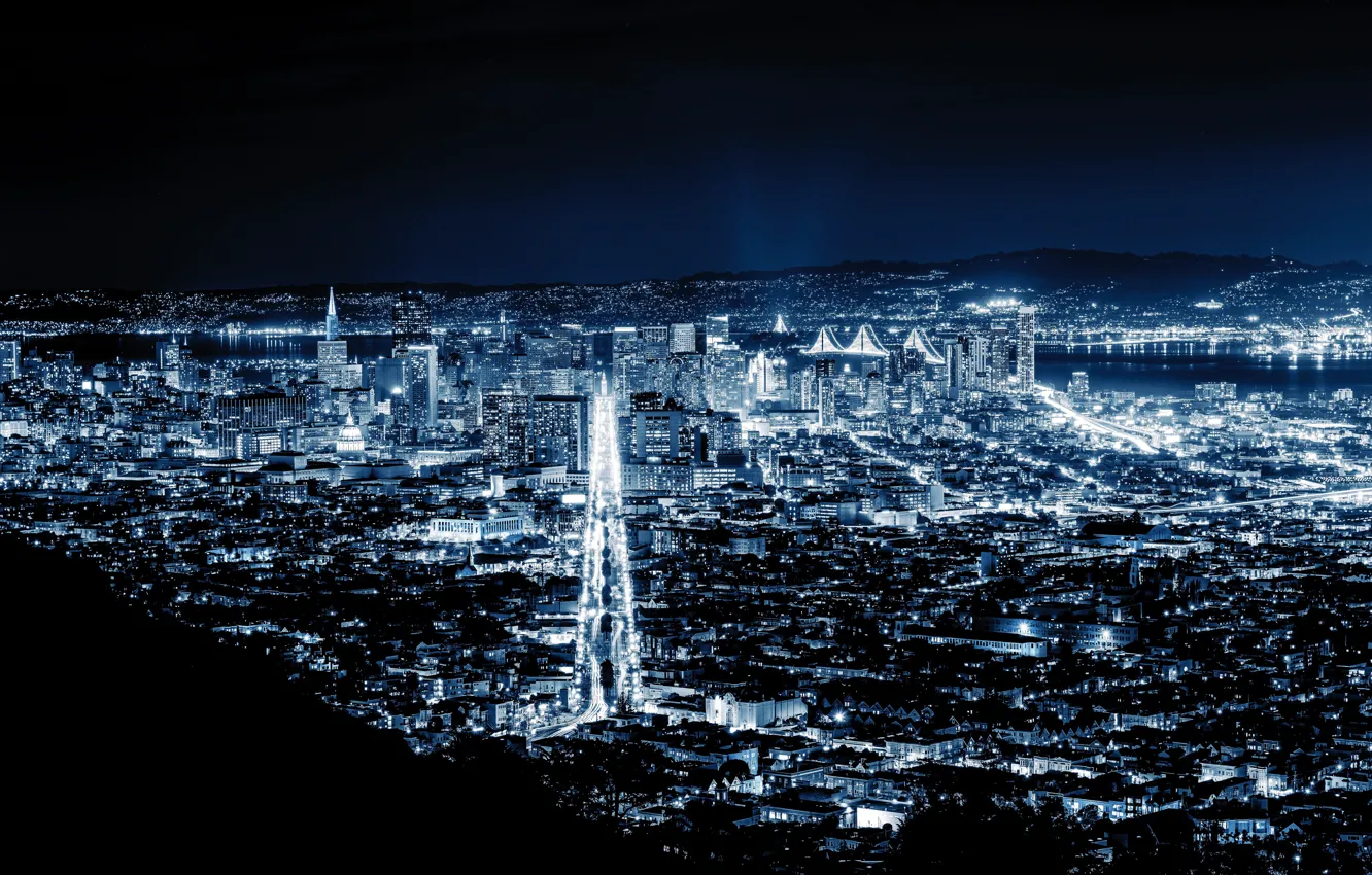 Photo wallpaper city, lights, night, San Francisco, blue night