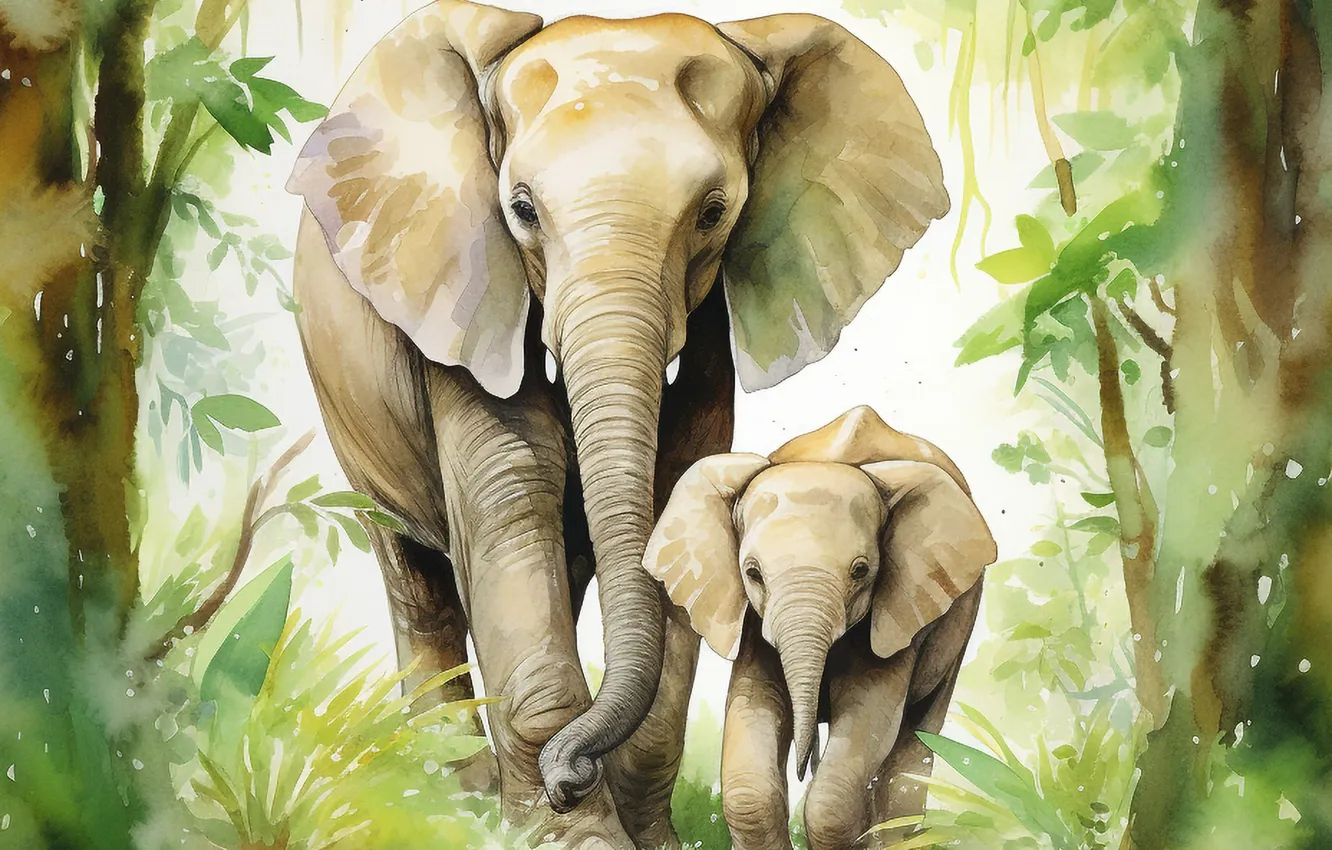 Photo wallpaper trees, elephant, art, cub, two, digital art, imitation painting, AI art