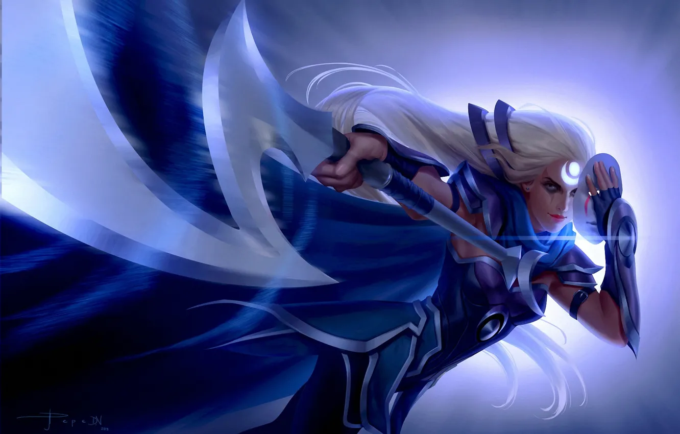 Photo wallpaper girl, weapons, mask, art, symbol, white hair, League of legends, Diana
