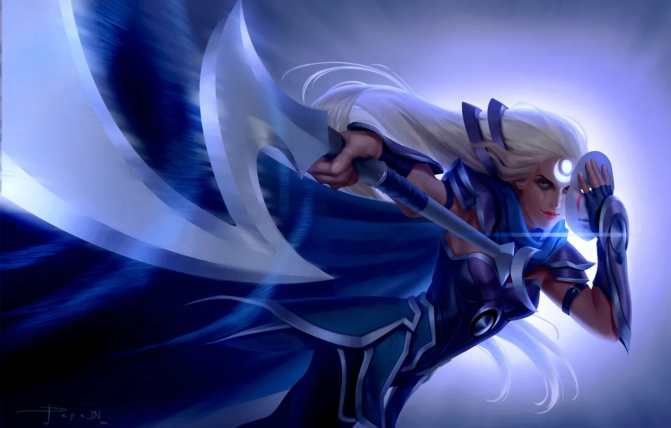Photo wallpaper girl, weapons, mask, art, symbol, white hair, League of Legends, Diana