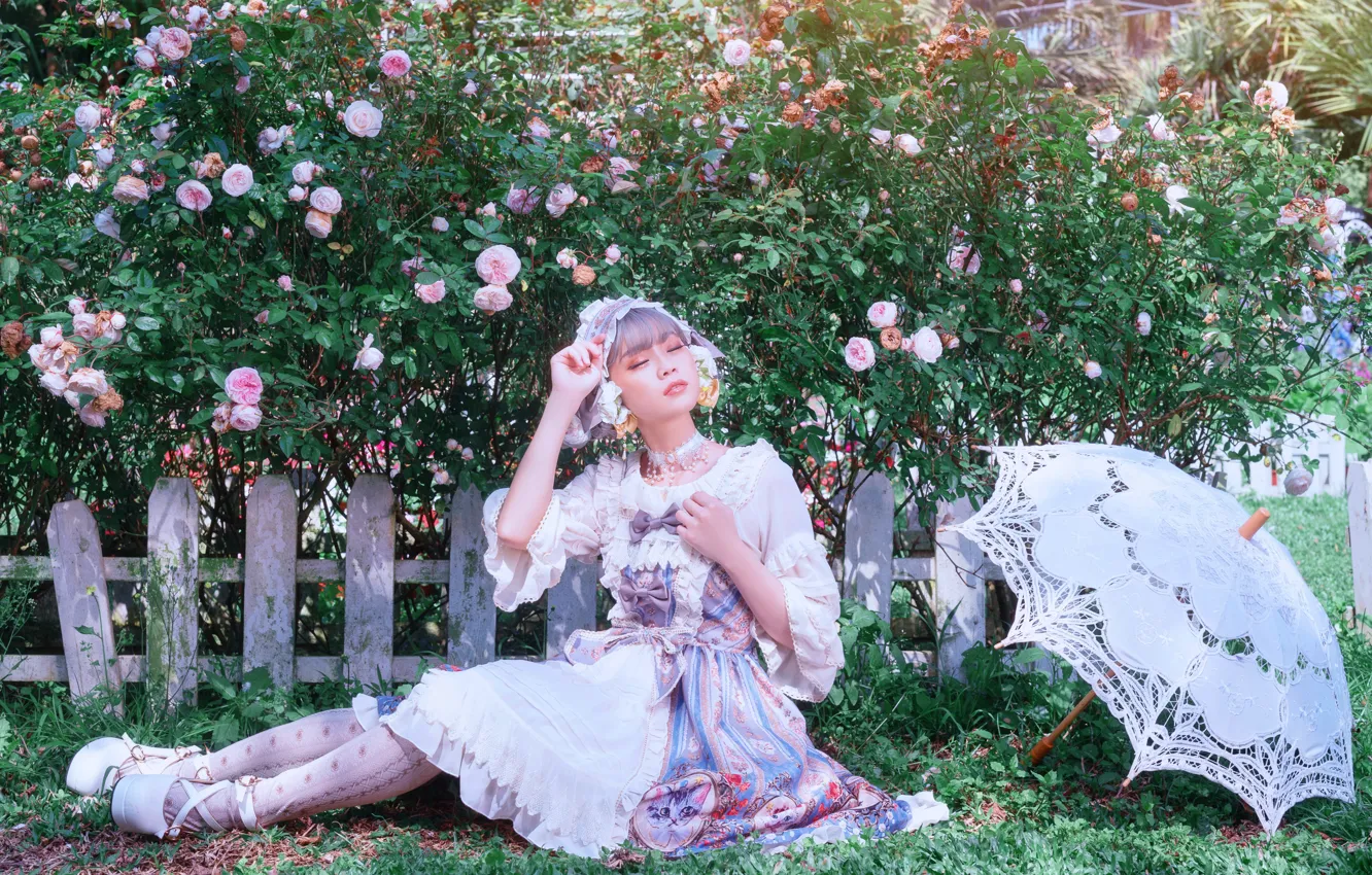 Photo wallpaper summer, girl, light, flowers, nature, the fence, roses, umbrella