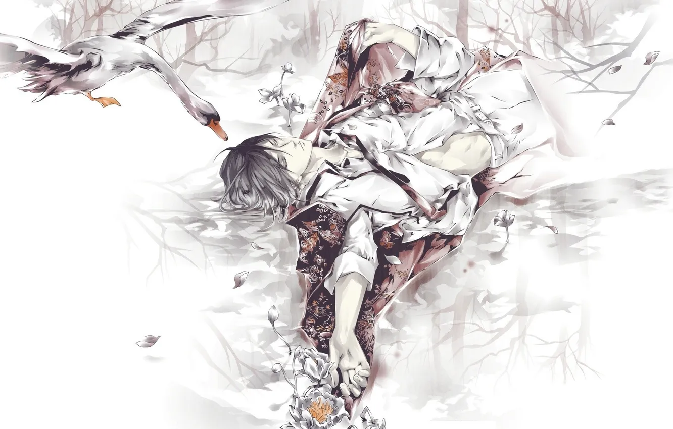 Photo wallpaper flowers, anime, guy, geese