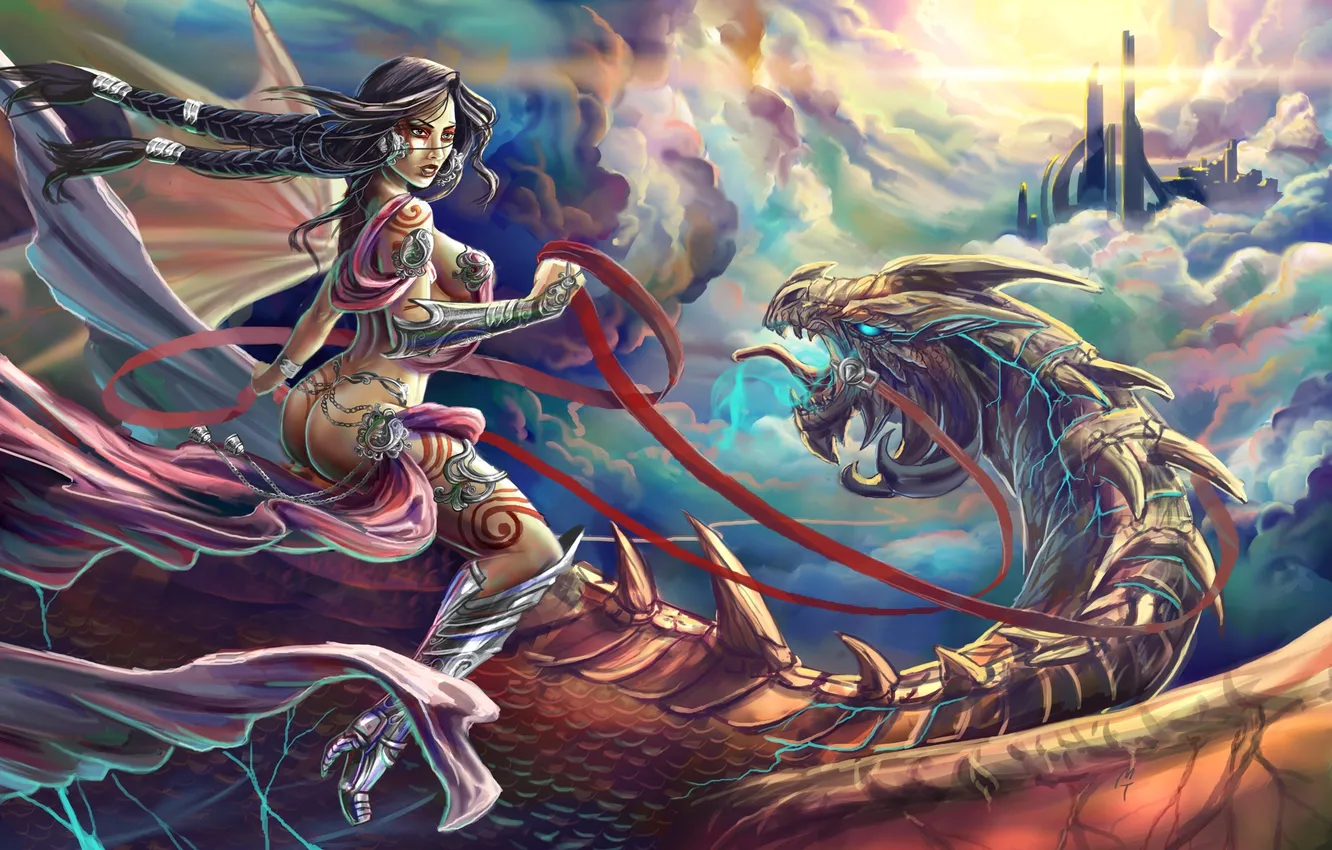 Photo wallpaper girl, flight, dragon