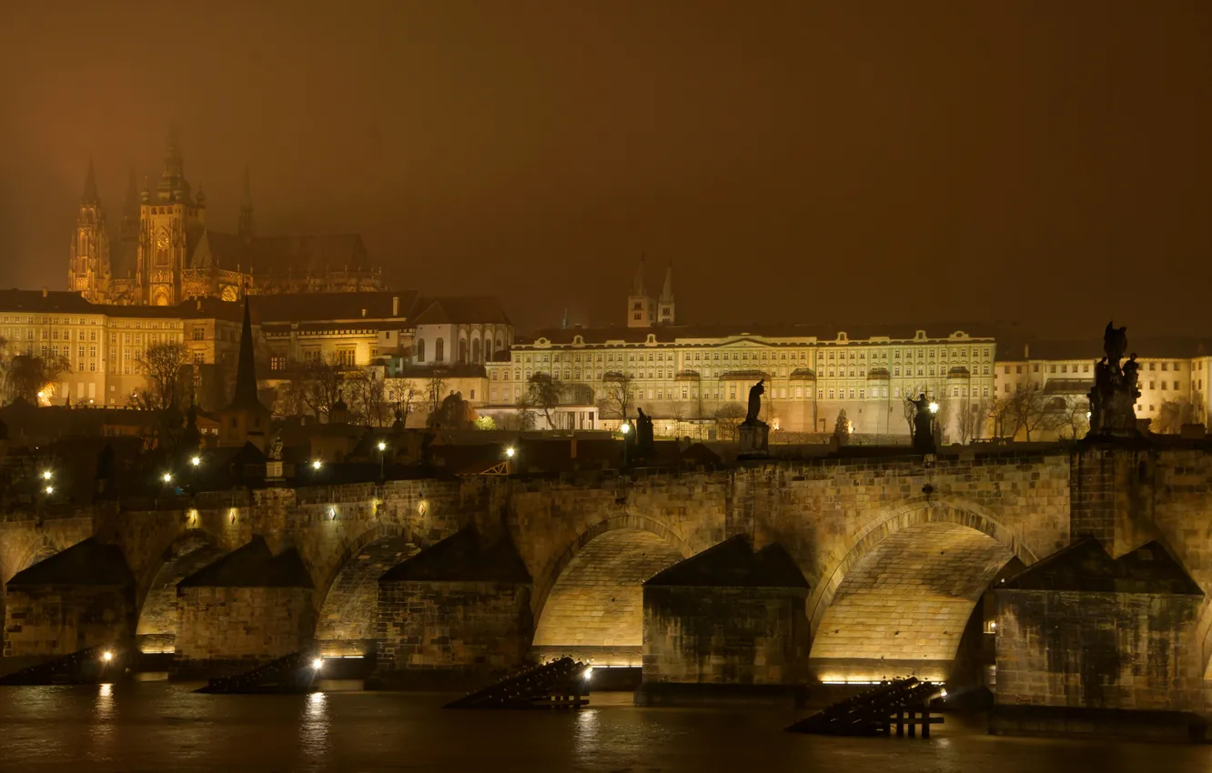 Photo wallpaper night, lights, river, castle, hills, Prague, Czech Republic, Charles bridge