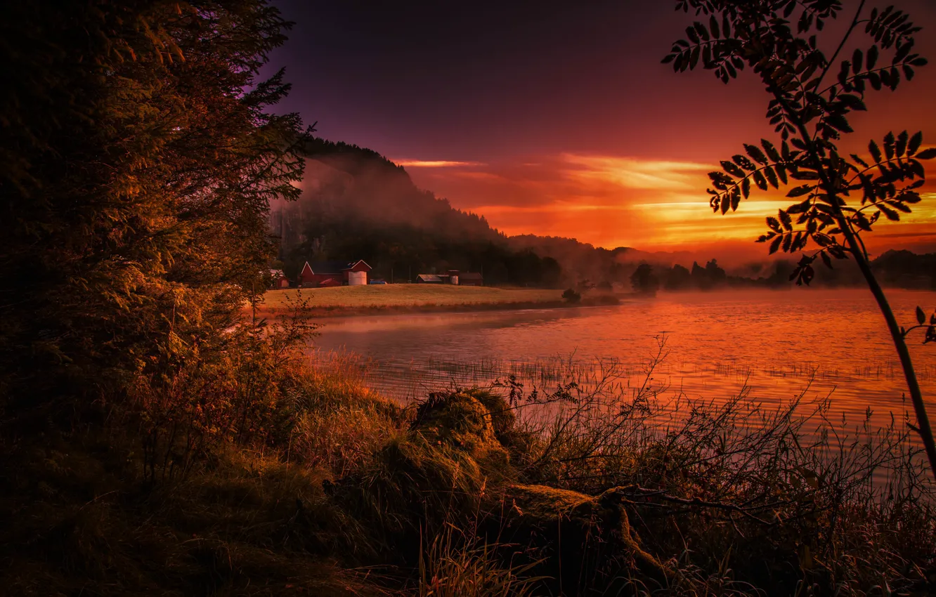 Photo wallpaper sunset, fog, river, shore, Norway, Rogaland, Rogaland