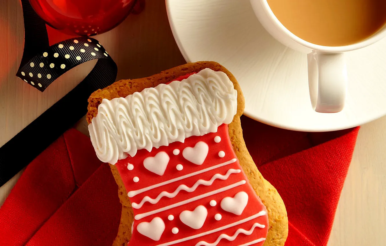Photo wallpaper holiday, balls, coffee, food, cookies, tape, Cup, cappuccino