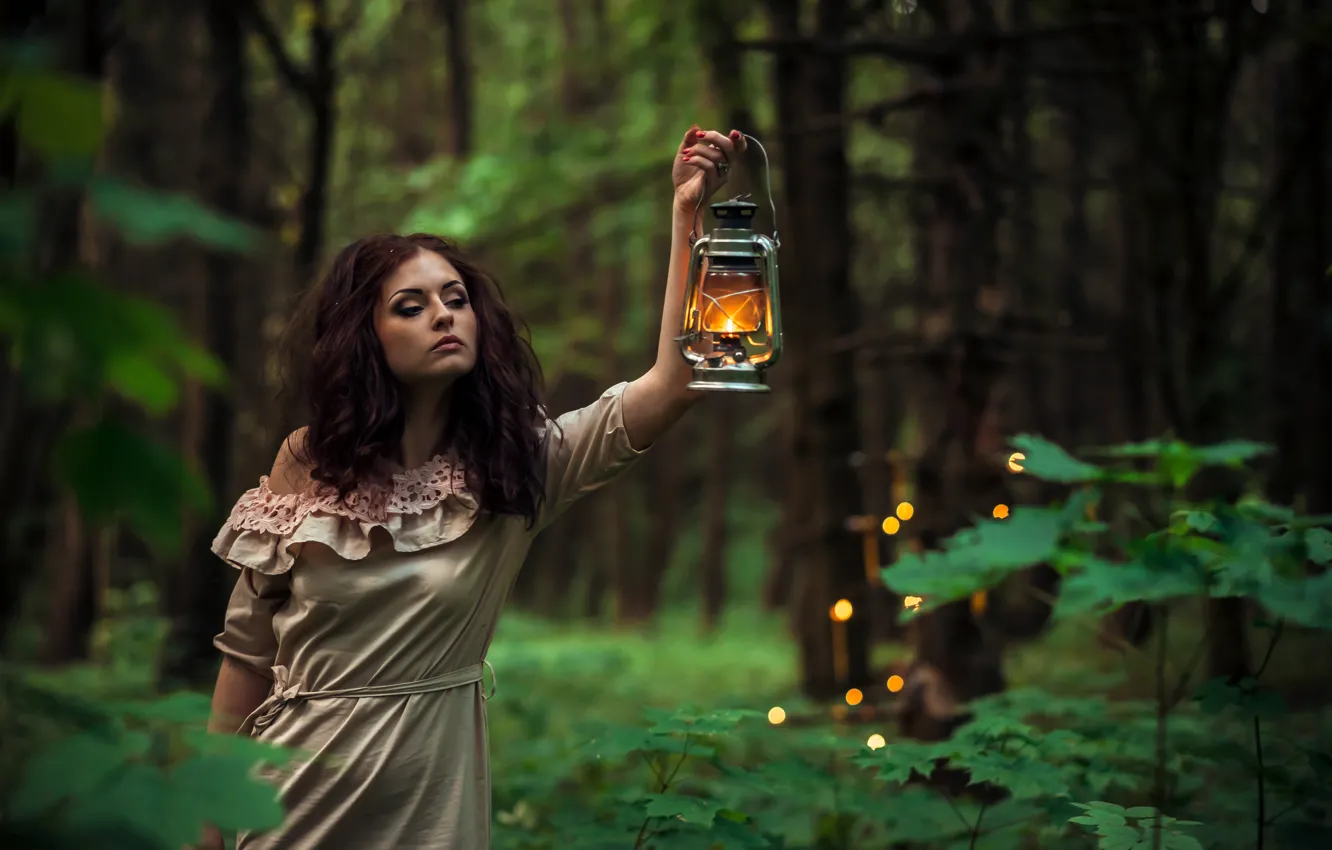 Photo wallpaper girl, trees, the evening, dress, brunette, hairstyle, lantern, one
