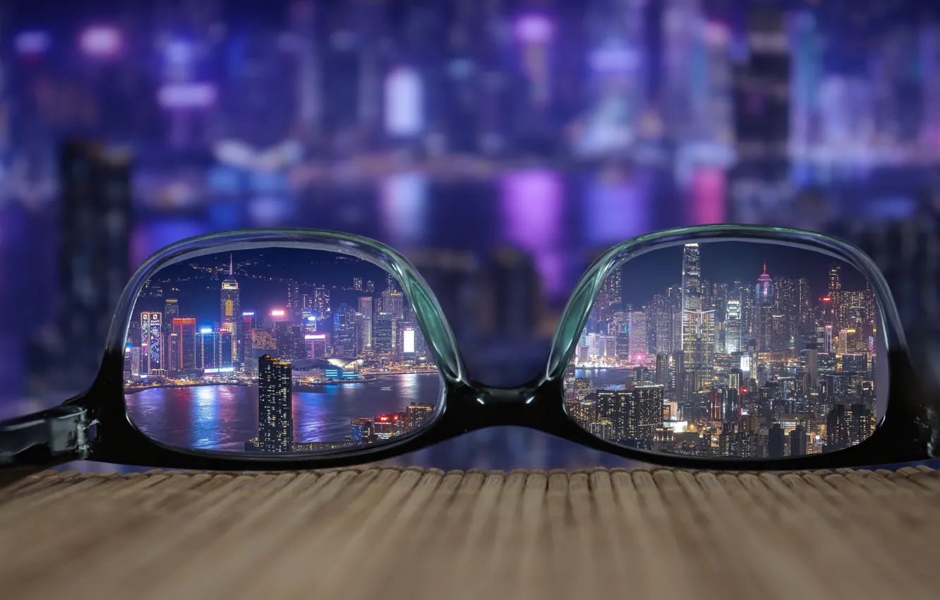 Photo wallpaper macro, night, the city, lights, reflection, building, home, skyscrapers