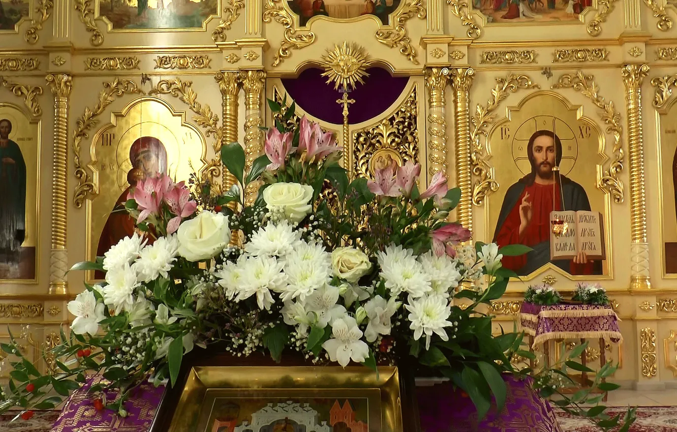 Photo wallpaper flowers, Jesus, Church, Temple, icons, OMSK, SIBERIA, Virgin