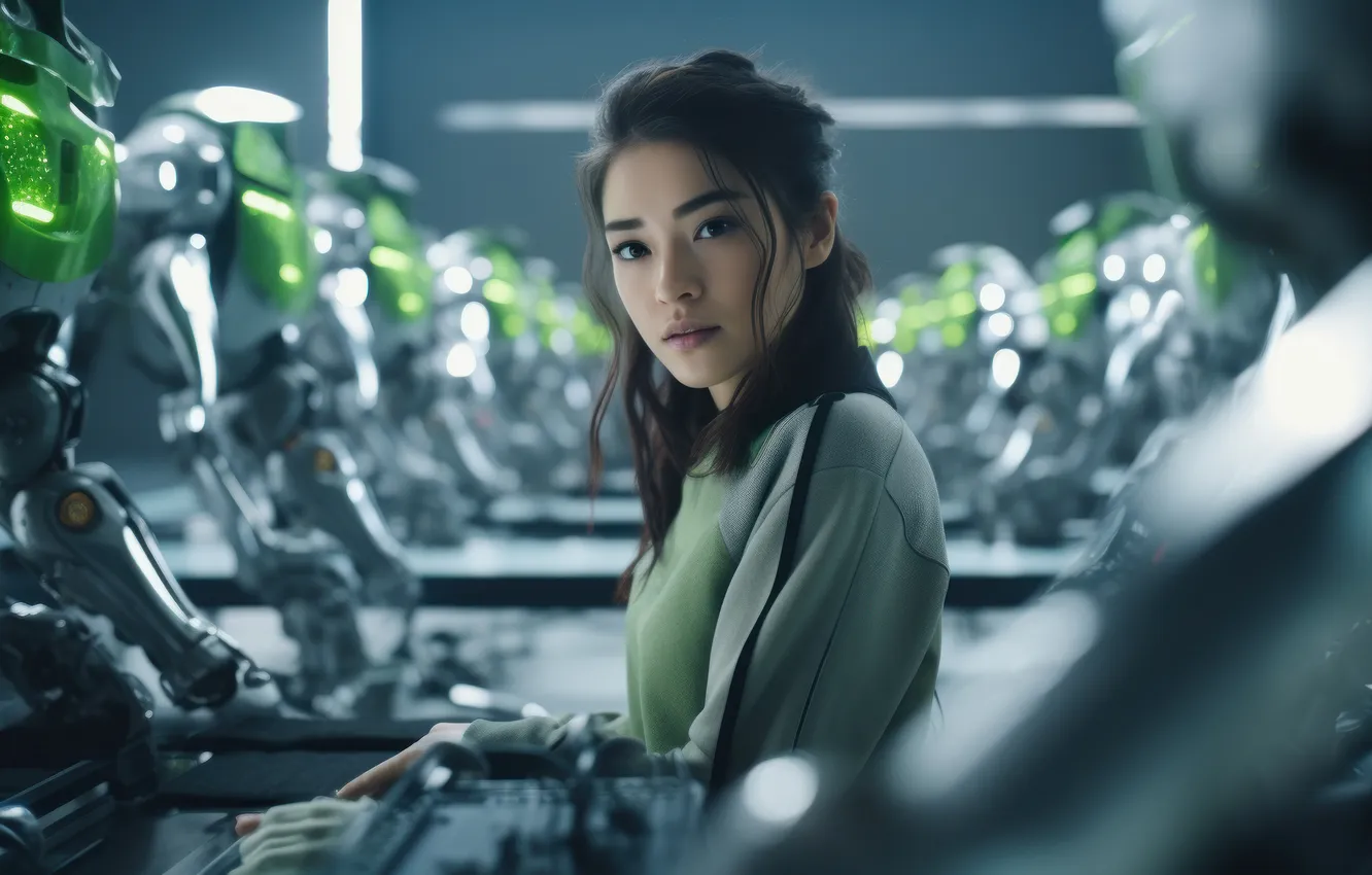 Photo wallpaper look, girl, robot, portrait, Asian, a lot, the futuristic, production