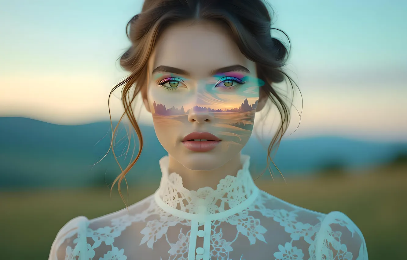 Photo wallpaper field, the sky, look, girl, light, mountains, reflection, blue