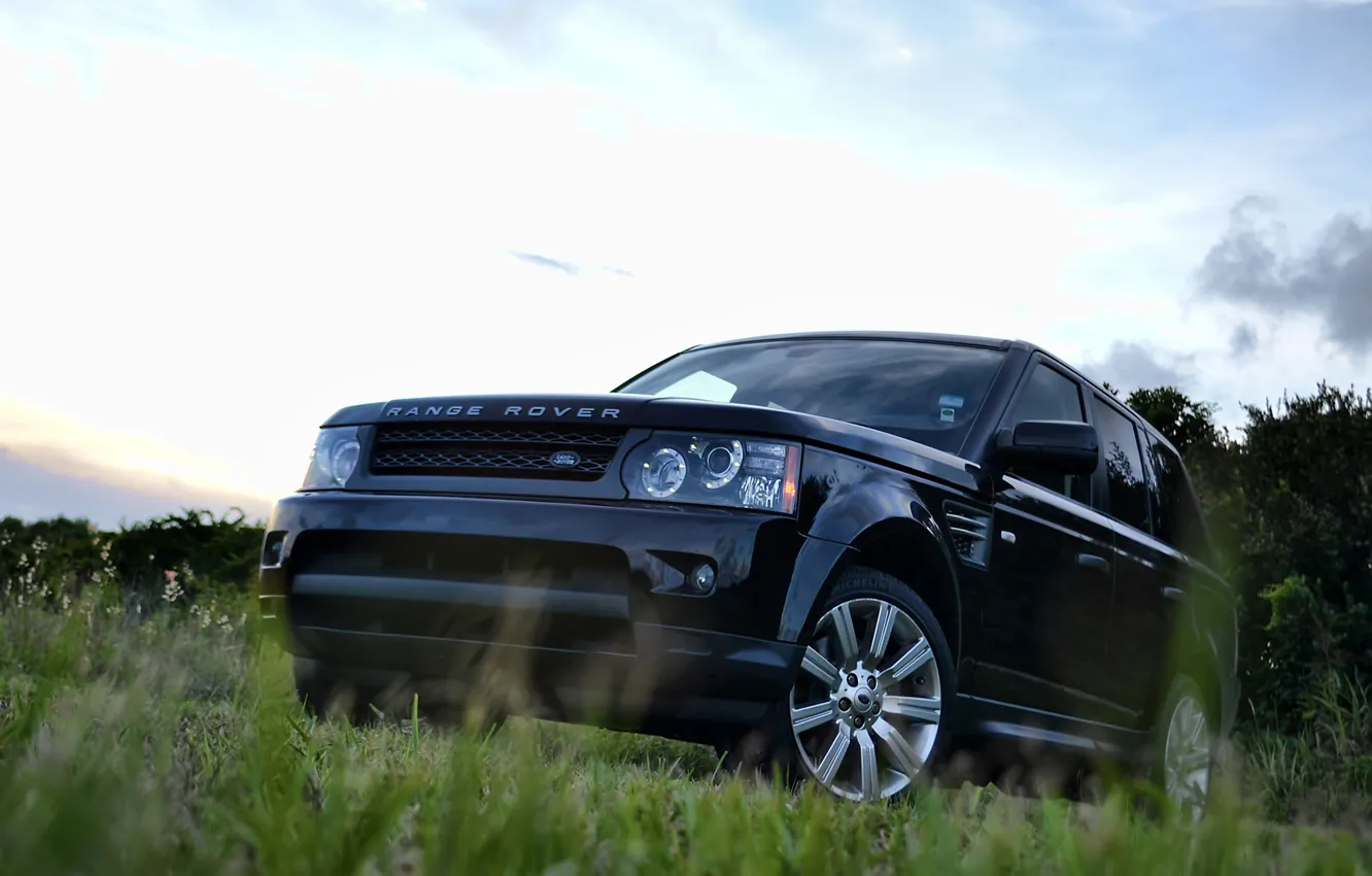 Photo wallpaper the sky, grass, trees, black, sport, grass, Land Rover, black