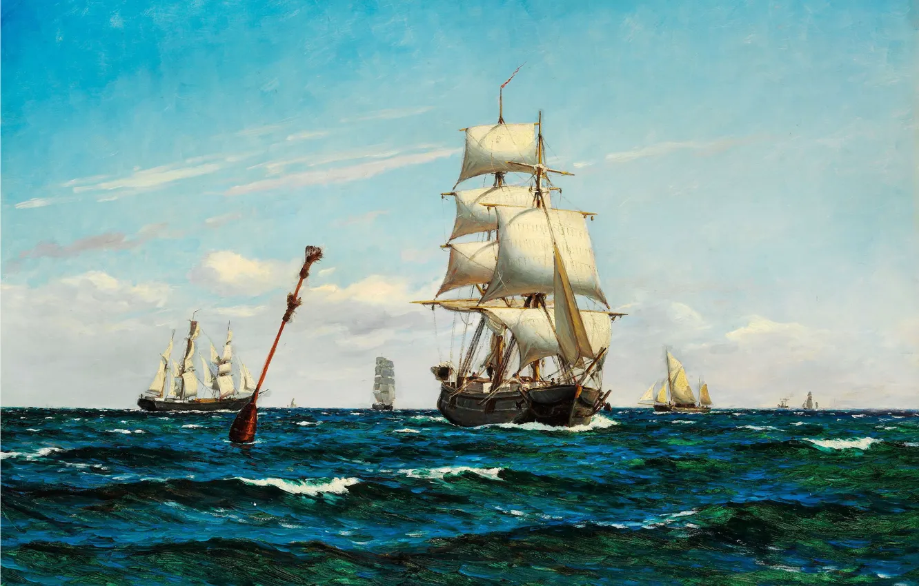Photo wallpaper sea, wave, ship, sails, carl locher
