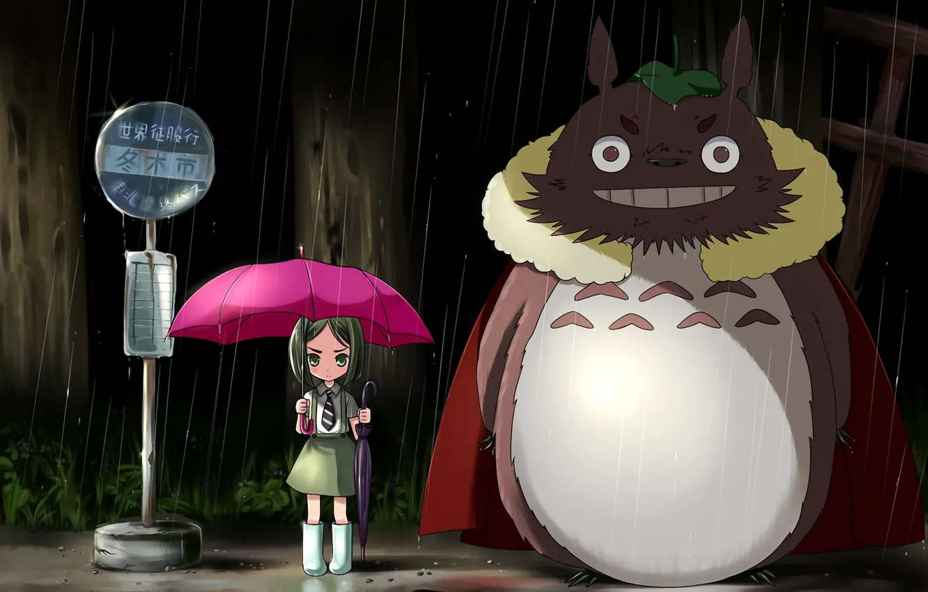 Photo wallpaper night, umbrella, rain, pink, umbrella, girl, my neighbor Totoro, my neighbor totoro