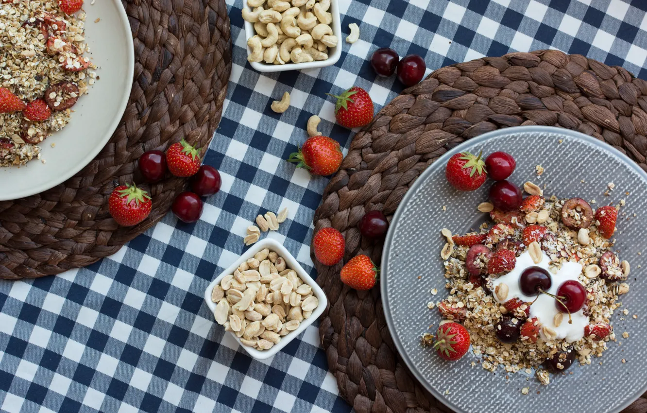 Photo wallpaper strawberry, nuts, cherry, breakfast, muesli, yogurt, muesli, Gregory Krysmalsk